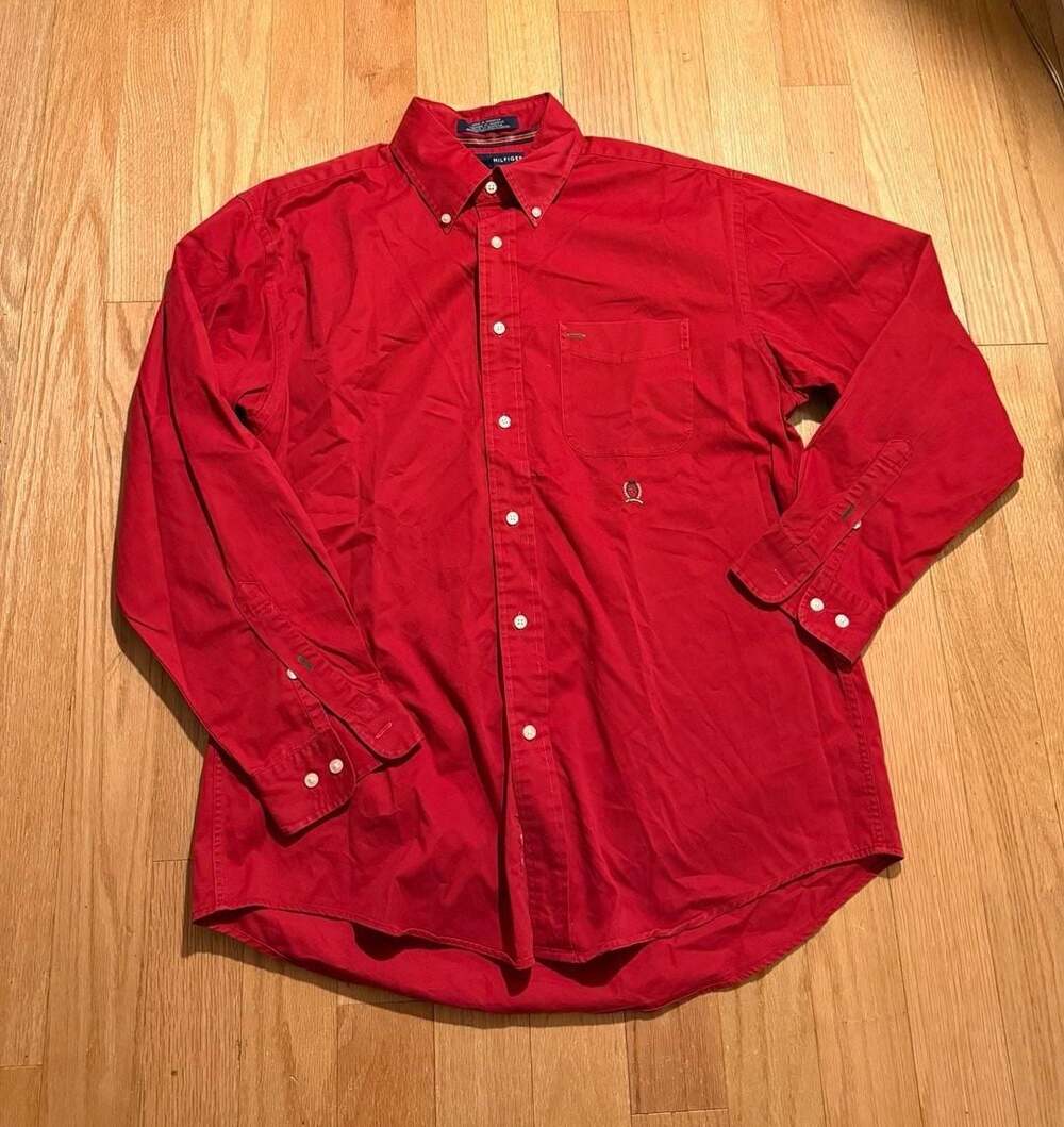 Vintage Tommy Hilfiger Red Cotton Button Down Crest Shirt Size Medium